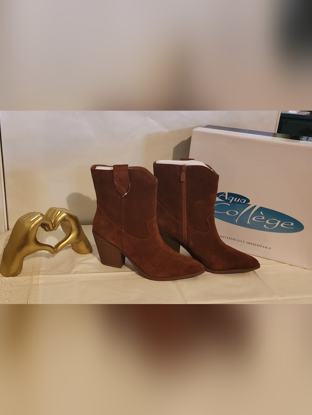 Aqua College Women's Brown Suede Block-Heel Ankle Booties